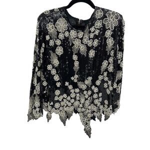 Vintage Women's Black White Sequin Beaded Floral Asymmetrical Blouse Top Size XL